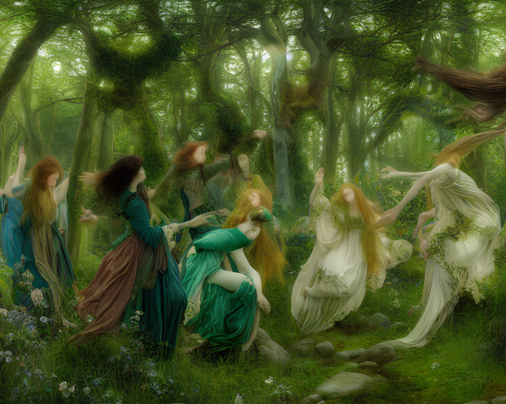 Graceful women in flowing dresses in verdant forest setting