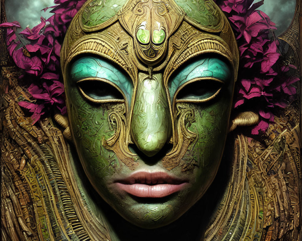 Ornate Gold and Green Mask with Pink Flowers on Person's Face