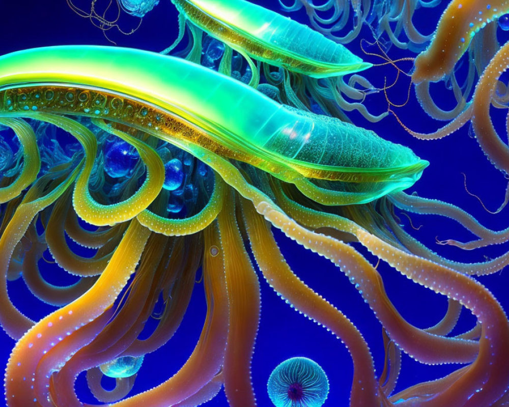 Bioluminescent Jellyfish in Blue and Green Oceanic Scene