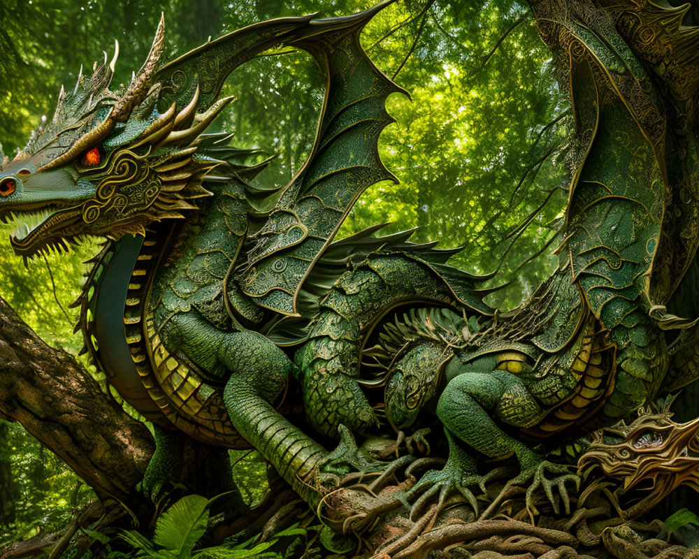 Detailed Green Dragon with Ornate Scales in Lush Forest