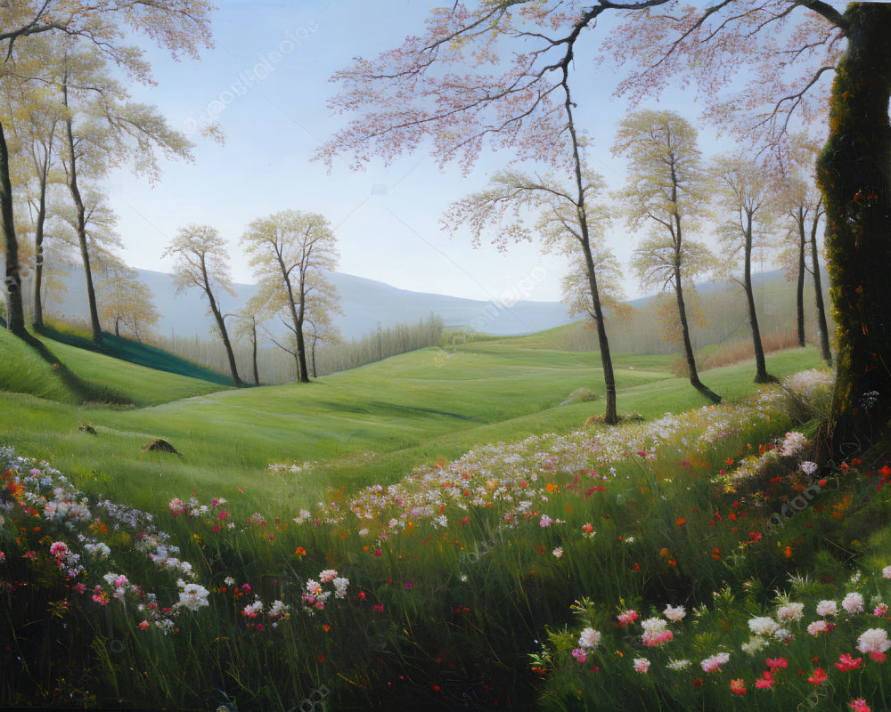 Tranquil landscape with blooming cherry trees and wildflowers