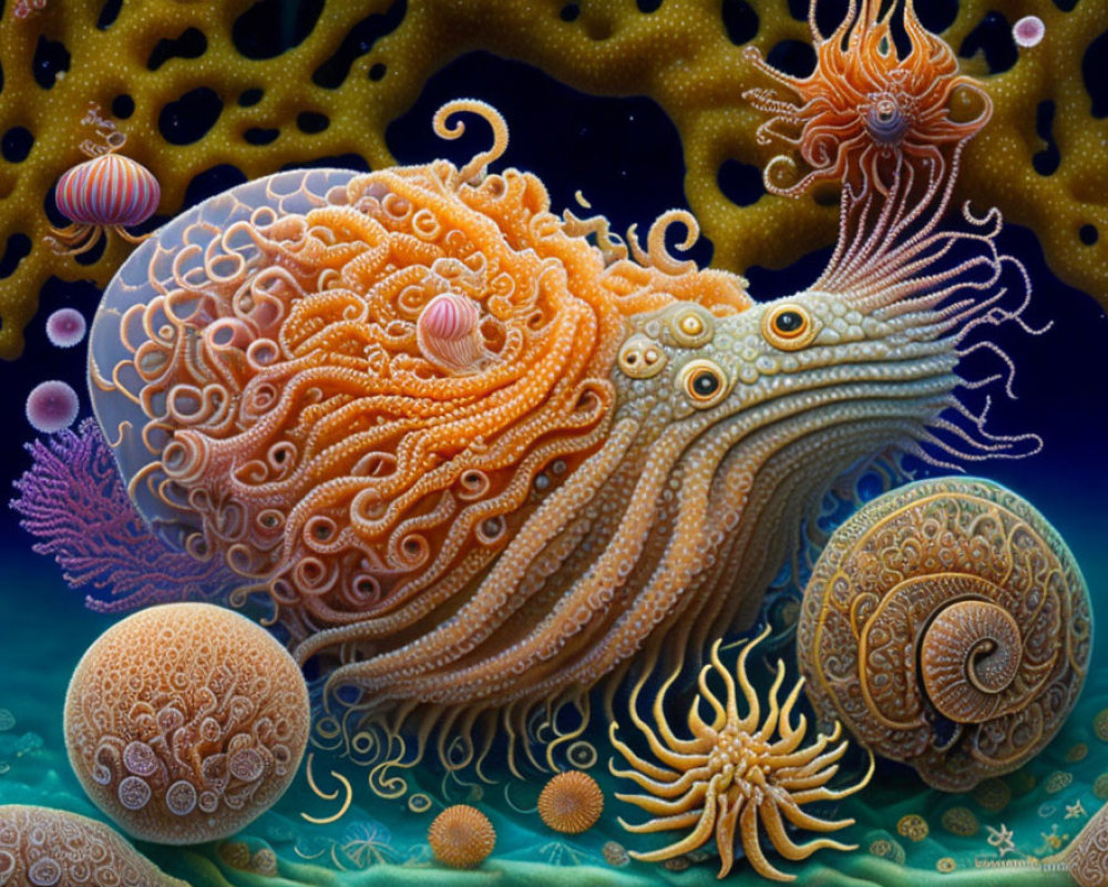 Vibrant underwater scene with orange creature, coral, shells, and sea flora.
