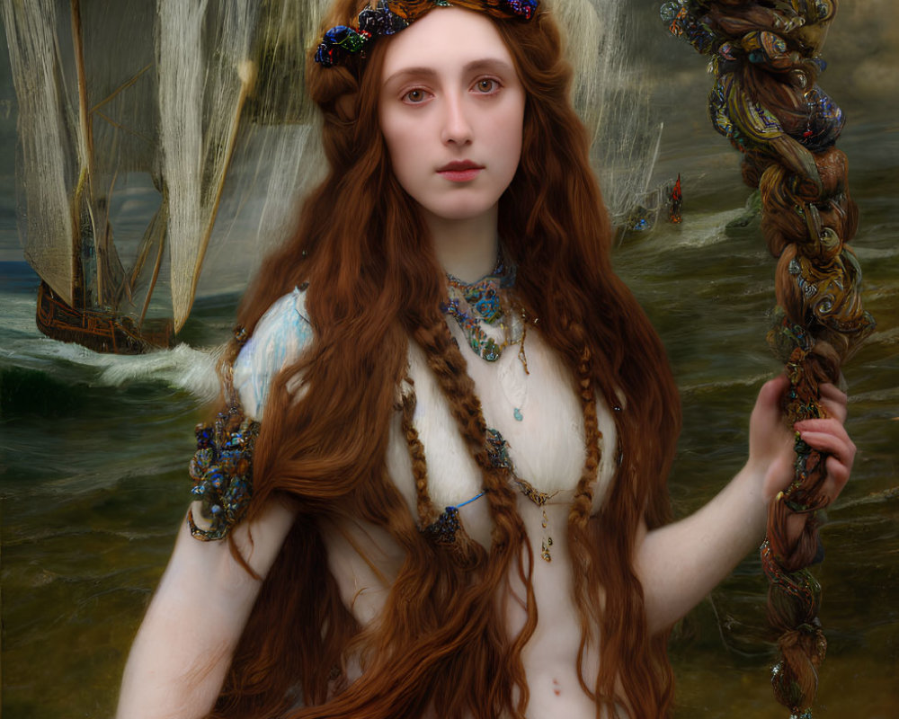 Fantasy red-haired woman with jeweled headband and staff in water with ship.