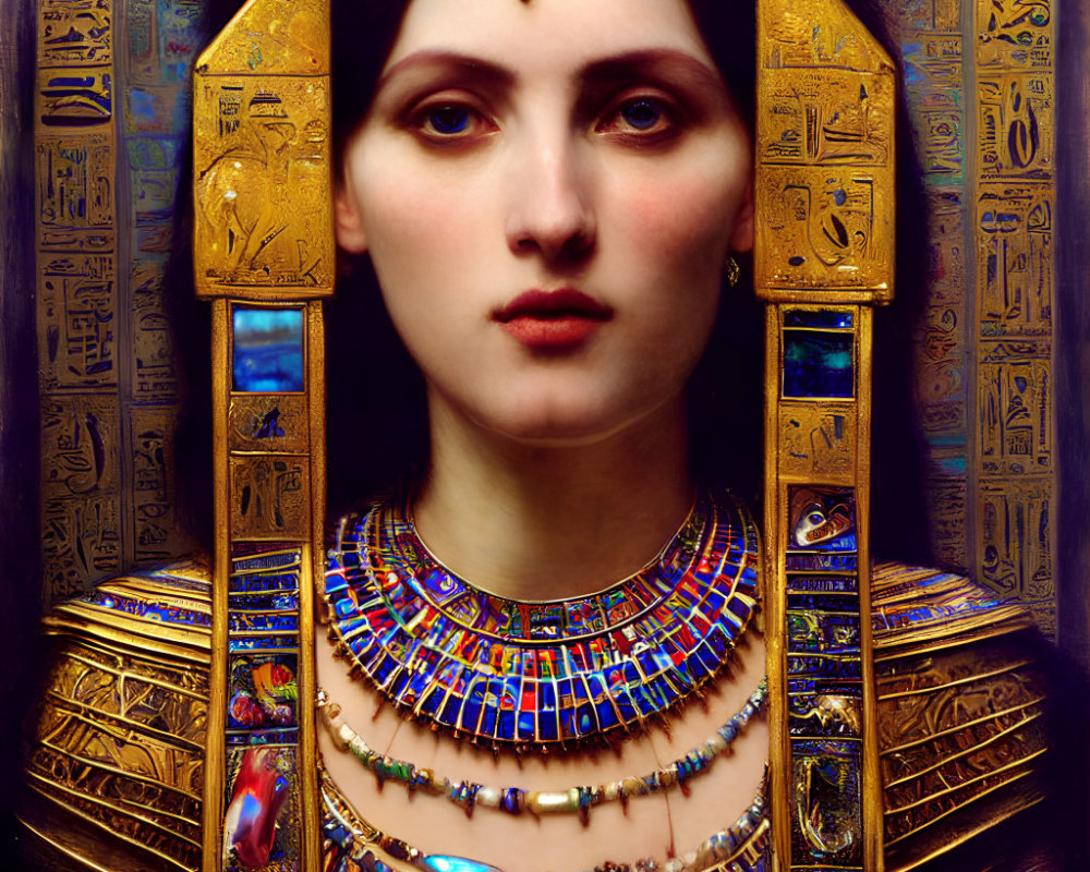 Egyptian Pharaoh-Inspired Woman Artwork with Ornate Headdress & Hieroglyphics