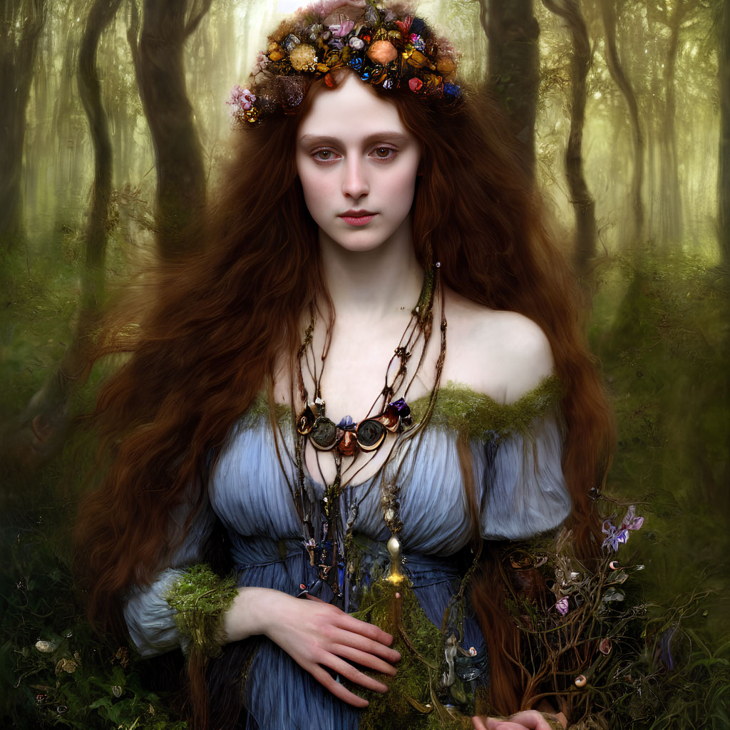 Mystical woman with floral crown in foggy forest portrait.