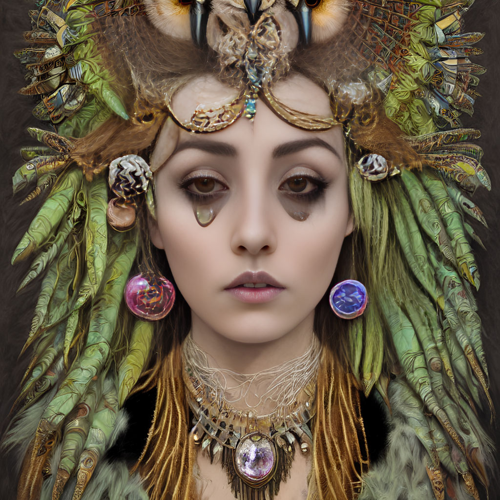 Intense gaze woman with feathered headdress and tribal jewelry
