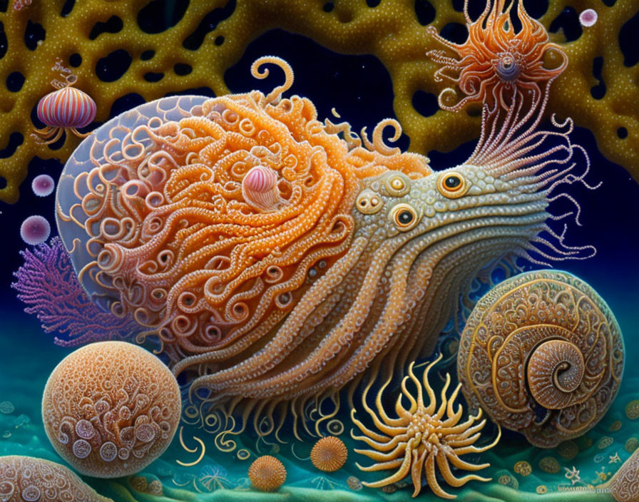 Vibrant underwater scene with orange creature, coral, shells, and sea flora.