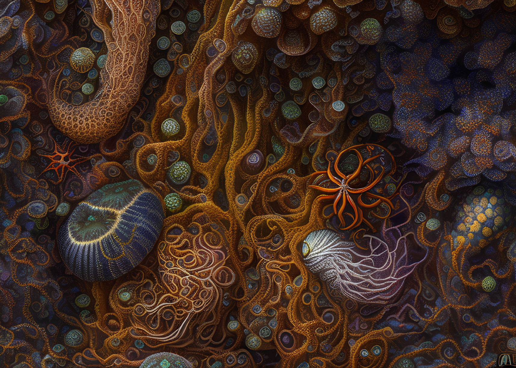 Detailed Fractal-Like Illustration of Fantastical Sea Life and Coral Textures