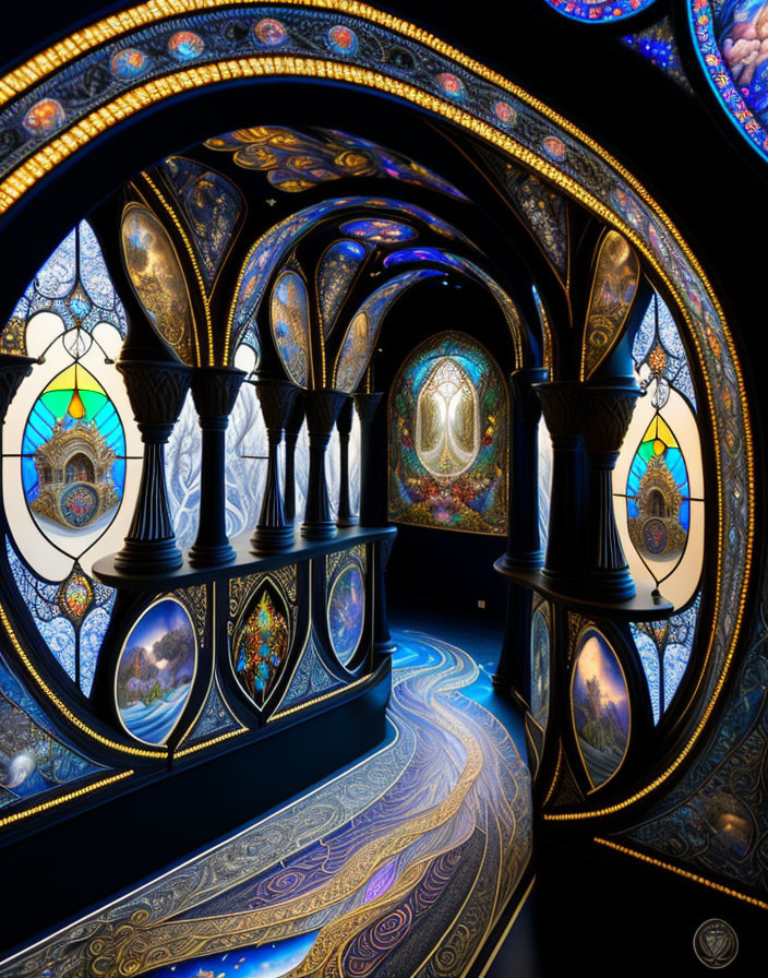 Intricate Designs in Illuminated Surreal Corridor