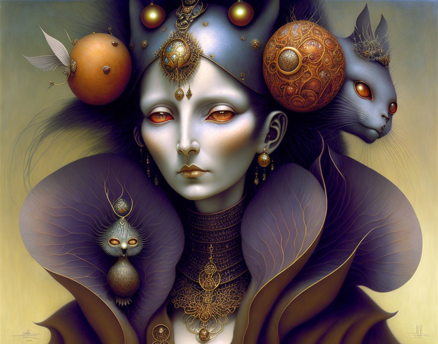 Surreal portrait of woman with blue skin and cat-like creature with red eyes