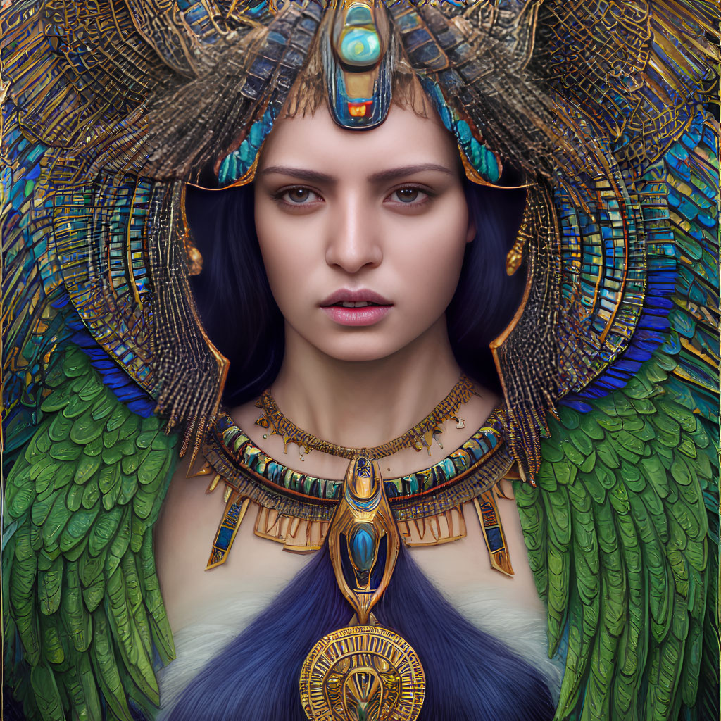 Elaborate Egyptian headdress with feathers and gold jewelry