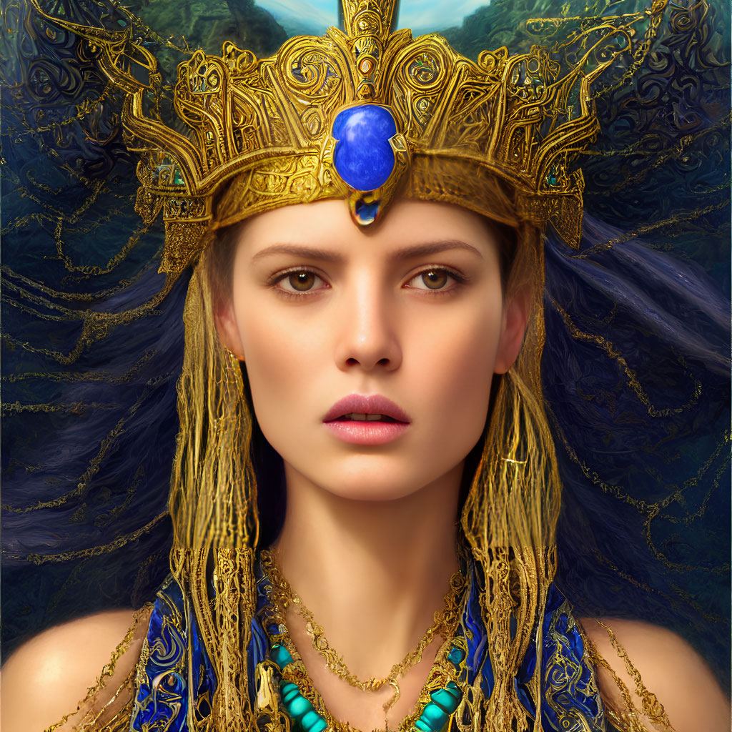 Regal woman with golden crown and blue gemstone gaze confidently