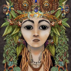 Intense gaze woman with feathered headdress and tribal jewelry