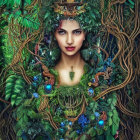 Portrait of woman with vine-like hair adorned with trinkets, flowers, and timepieces in mystical