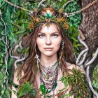 Digital portrait of a woman with mystical forest headdress - enchanting and magical.