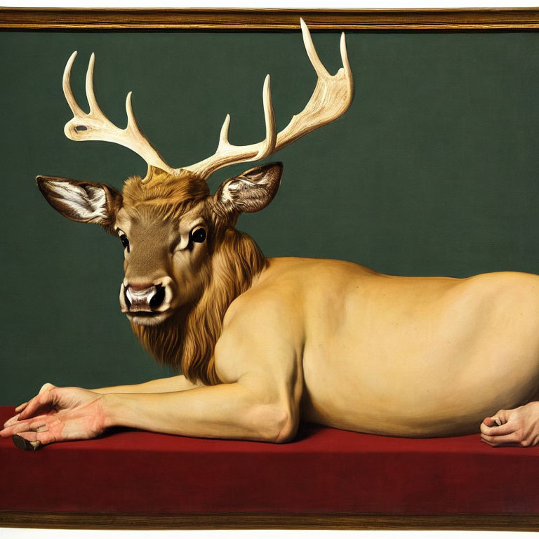Surreal painting: human body, deer head, antlers, green background