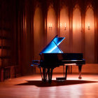 Vintage piano and candles in dimly lit room with warm lighting