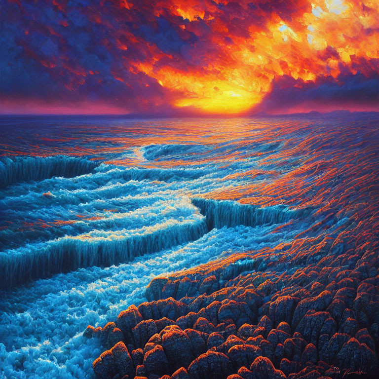 Vivid Surreal Landscape with Blue Waves and Fiery Sky