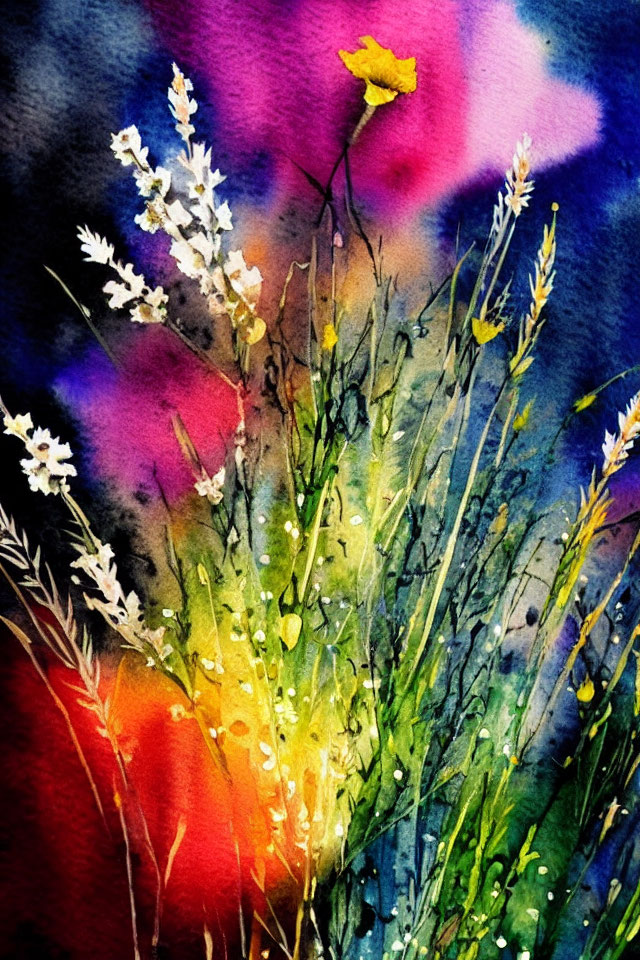 Colorful Watercolor Painting of Wildflowers on Abstract Background