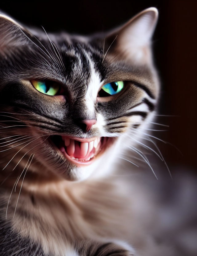 Tabby Cat Close-Up with Green Eyes and Open Mouth on Dark Background
