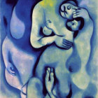 Abstract Blue-Toned Figure Embracing Smaller Individual on Blue Background