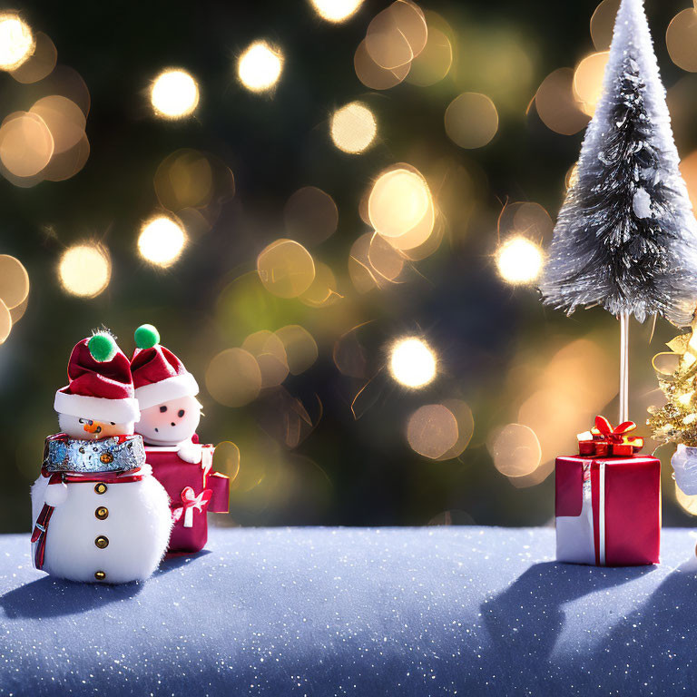 Snowmen Figurines with Christmas Tree and Gifts in Sparkling Bokeh Light
