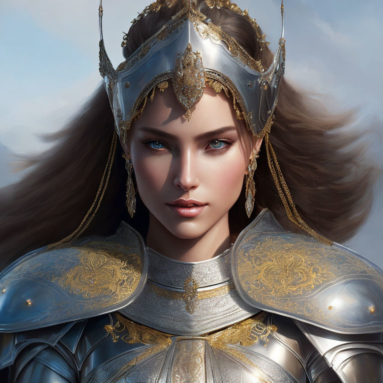 Detailed digital artwork: Woman in silver and gold armor with ornate helmet.