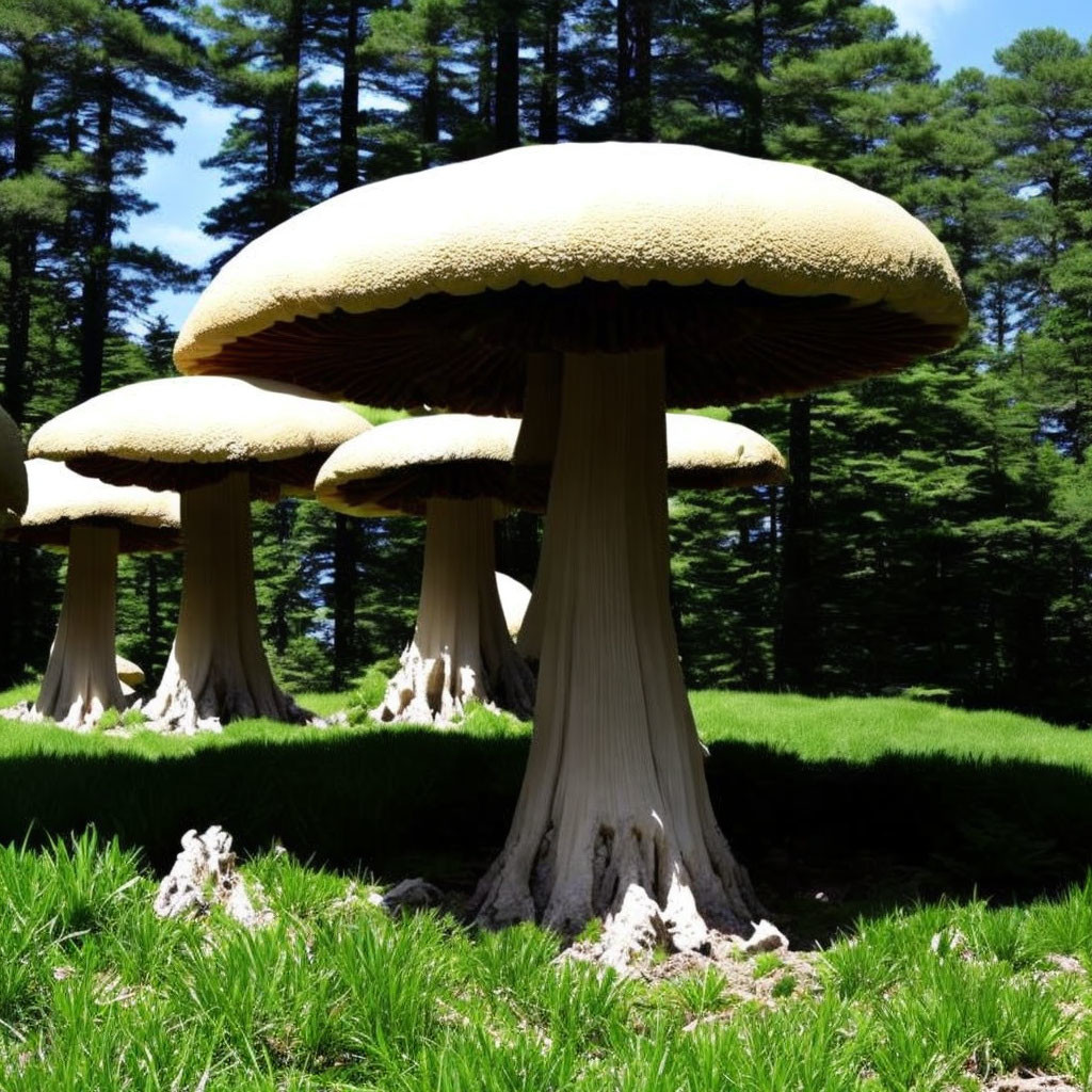 Vibrant green landscape with giant mushroom sculptures