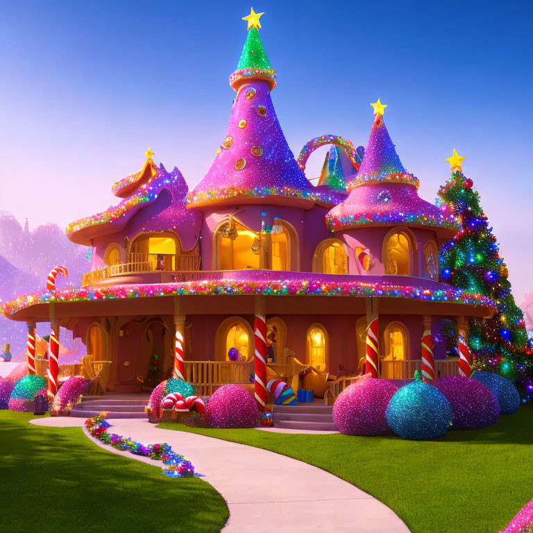 Whimsical Christmas house with candy canes and ornaments