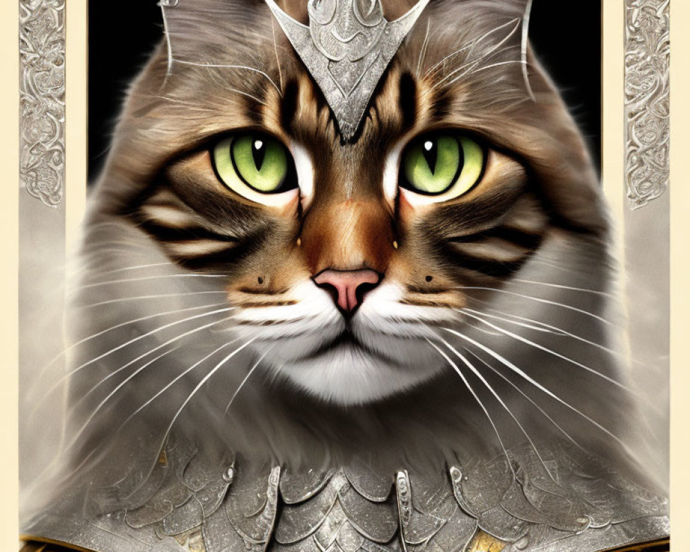 Regal cat in ornate silver and gold armor with green eyes