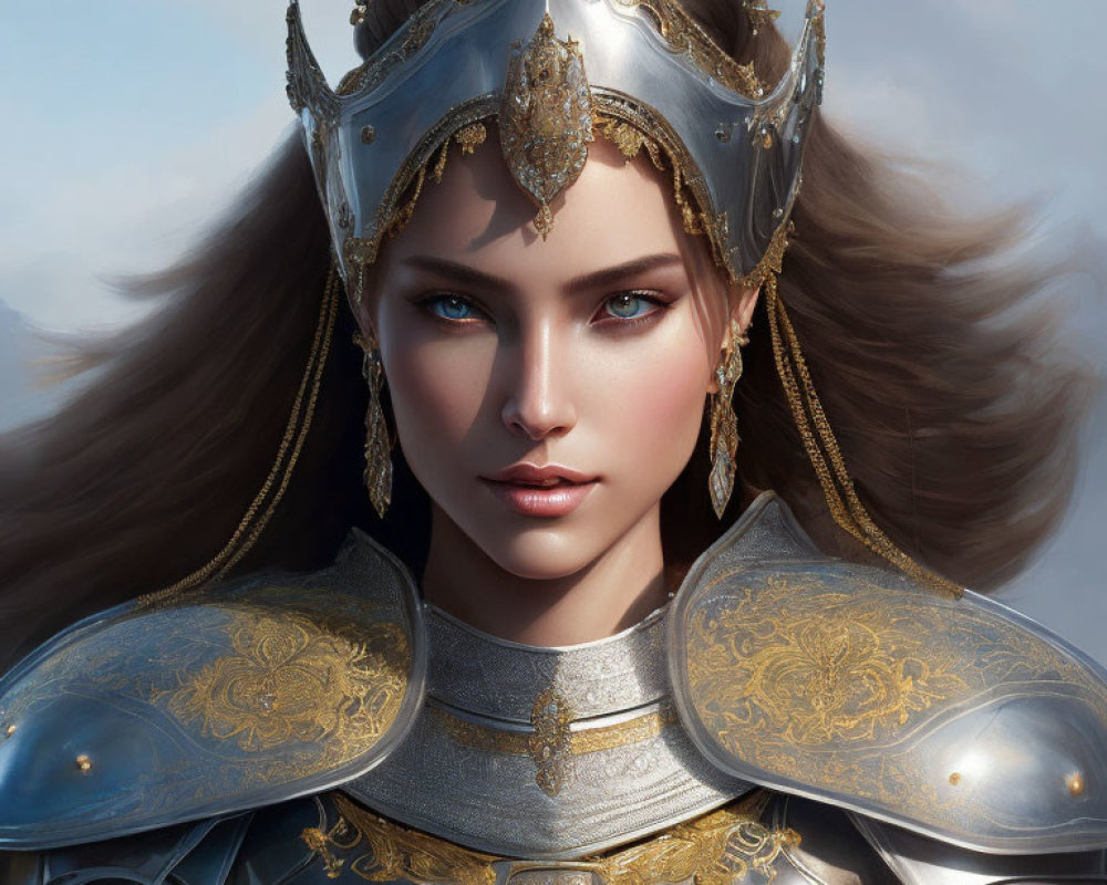 Detailed digital artwork: Woman in silver and gold armor with ornate helmet.