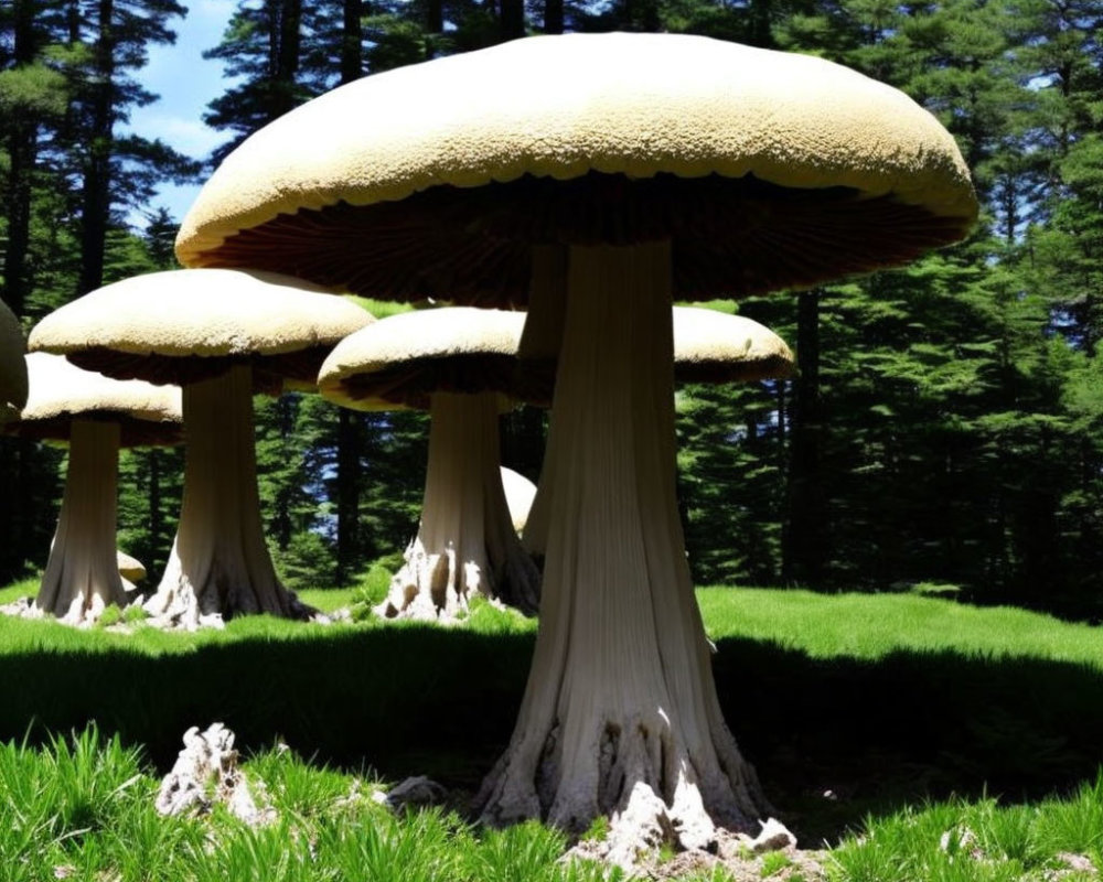 Vibrant green landscape with giant mushroom sculptures