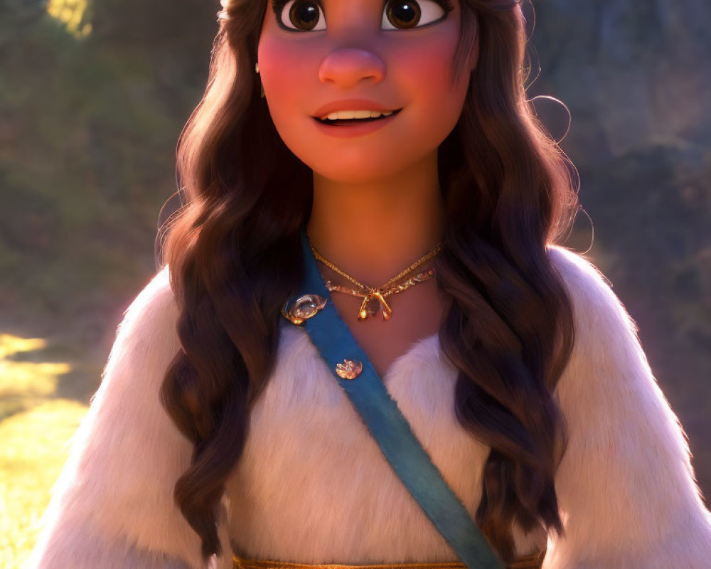 Smiling animated girl with brown hair in white fur cloak and gold jewelry in nature.