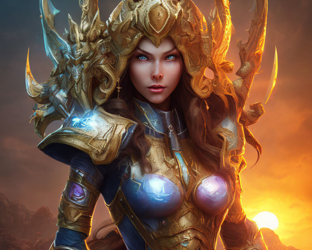 Golden armored female warrior with horned helmet in dramatic sunset.