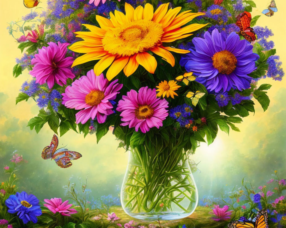 Colorful Flowers Bouquet with Butterflies on Bright Yellow Background