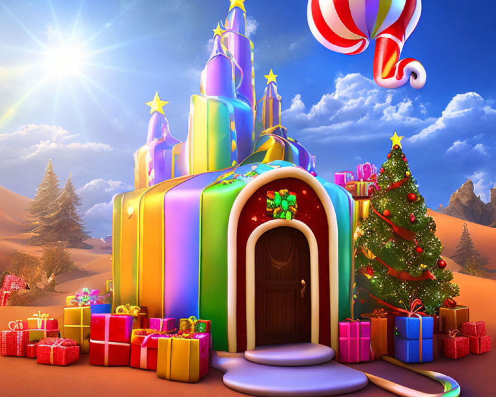Colorful whimsical castle with Christmas tree in desert landscape