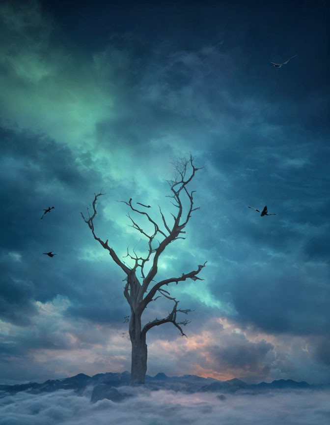 Lone tree above clouds in twilight sky with aurora and birds