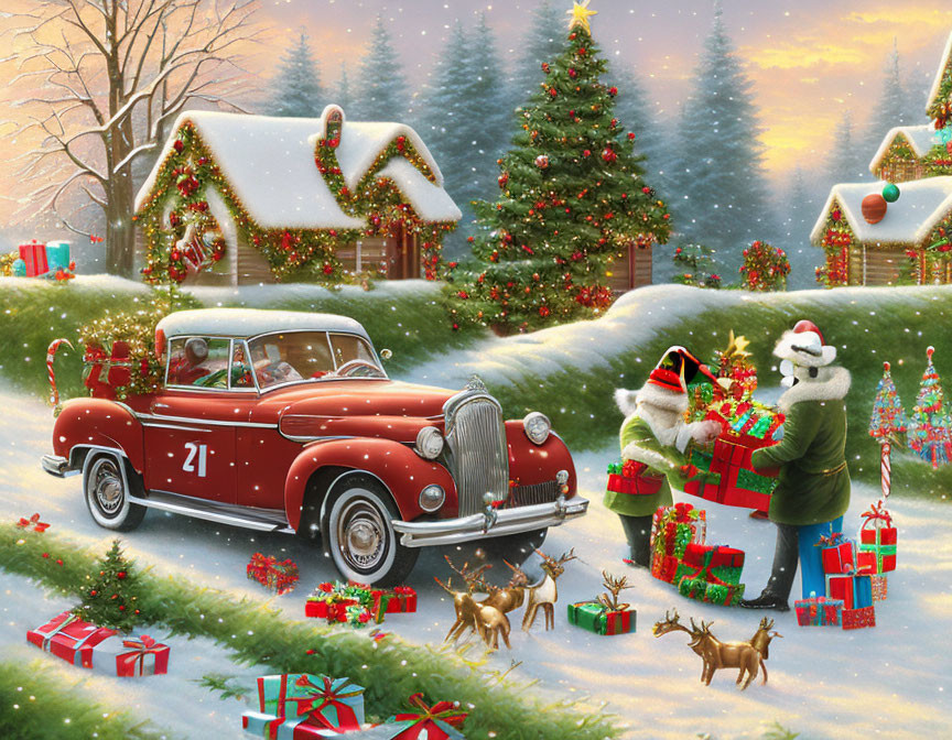 Vintage Red Car, Snowman, Christmas Trees, and Deer in Snowy Landscape