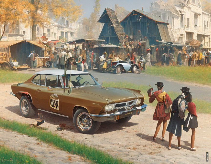 Vintage Brown Car with V4 Emblem in Busy Street Scene