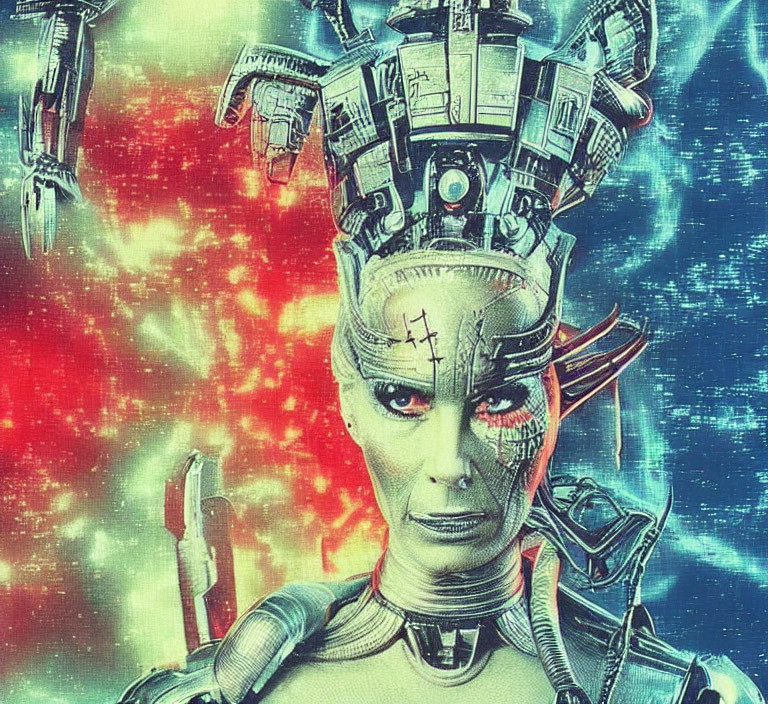Detailed Cyborg Illustration with Humanoid Features and Red Eyes in Cosmic Space