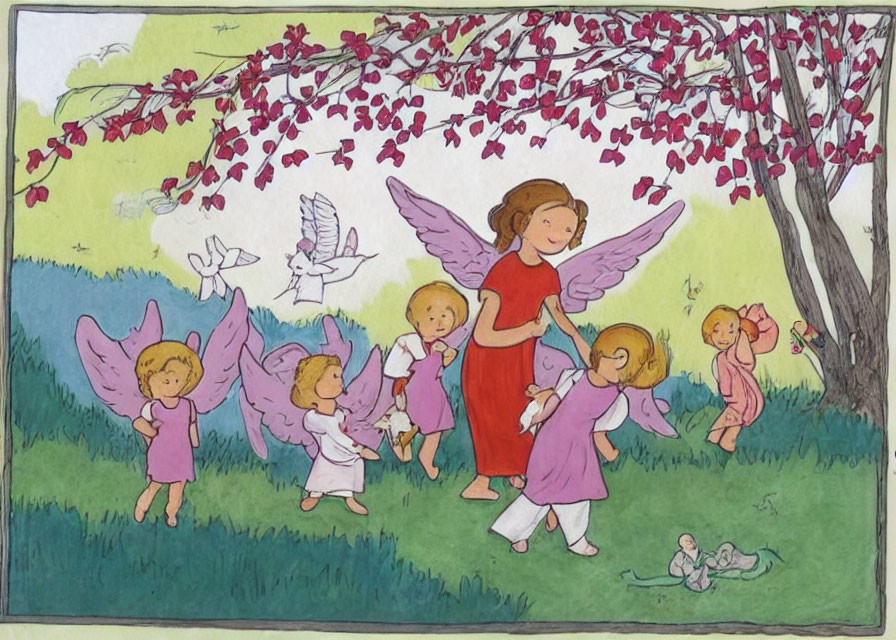 Angels Illustration: Various wing sizes, playing instruments, dancing, and flying under a tree with
