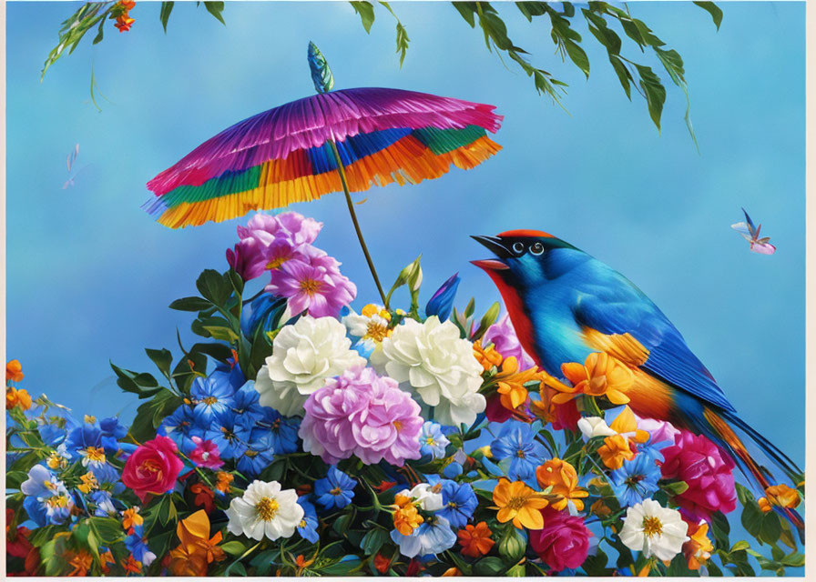 Colorful painting with blue bird, umbrella, flowers, and butterfly.