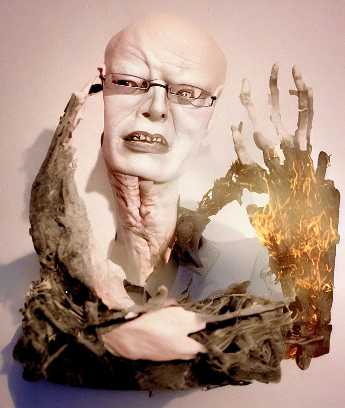 Bald Figure Sculpture in Fiery Wood Frame