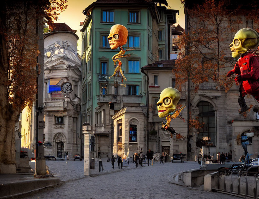 Floating animated character heads above European street at sunset