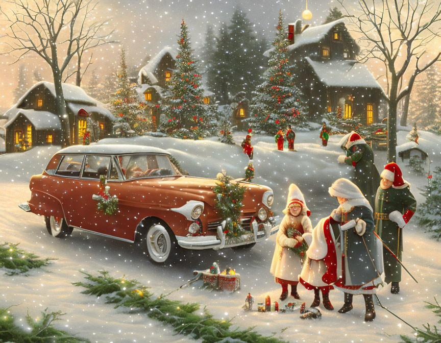 Winter Scene: Snow, Decorated Trees, Vintage Car, Holiday Attire, Gifts, Sleigh