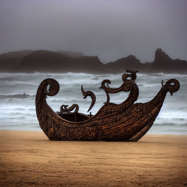Detailed depiction of Viking longship on sandy beach with fog and rocks