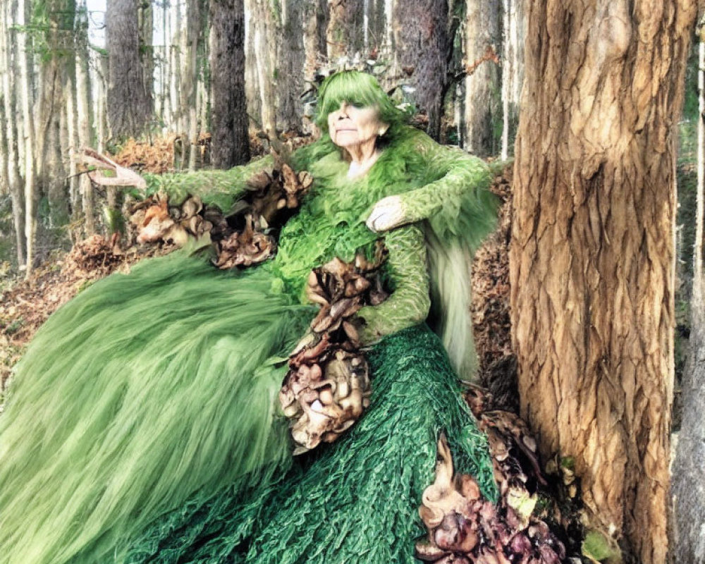 Elderly woman in green nature dress blending with forest setting