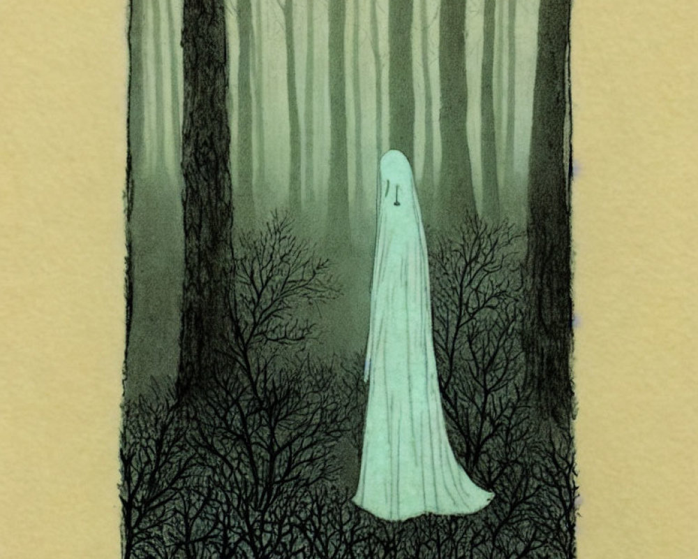 Ghostly Figure in Misty Forest with Dense Tree Trunks
