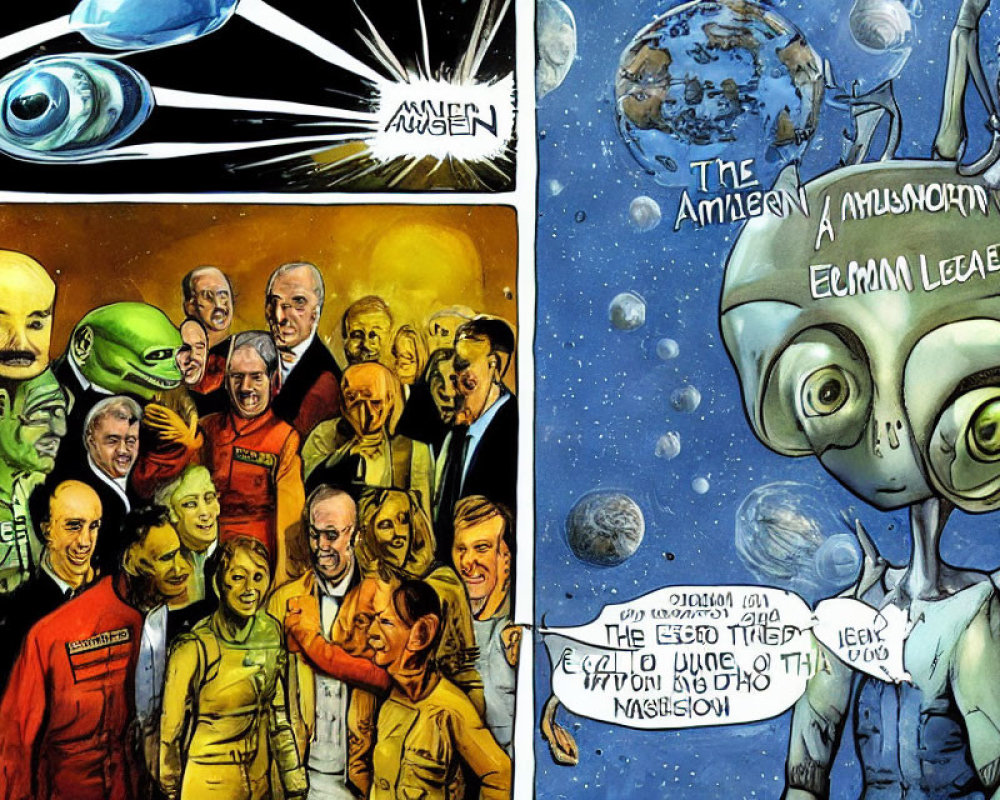 Vibrant comic book page featuring diverse aliens and humans in space