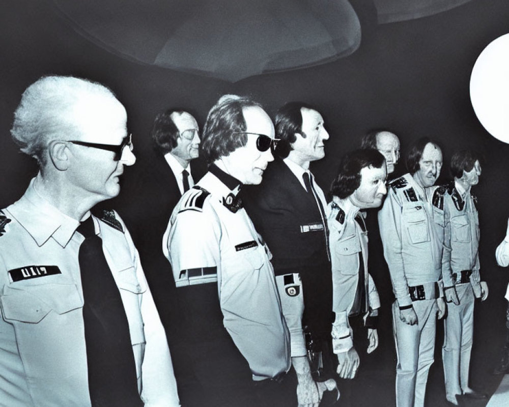 Uniformed Men in Row with Sunglasses Expressions in Curved Room